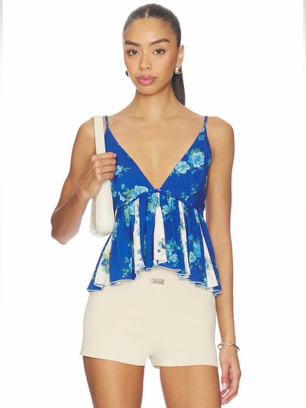 NWT Free People Tillie Floral Babydoll Top Blue Combo L